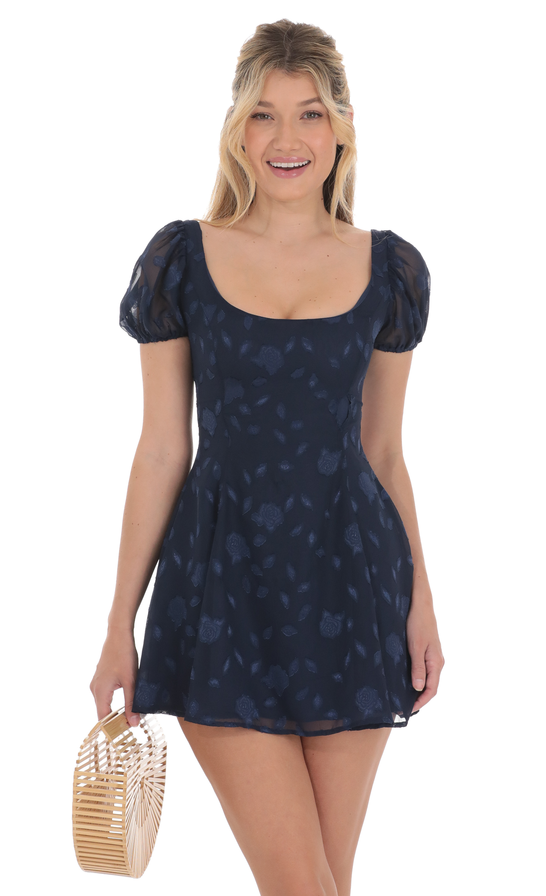 Floral Chiffon Puff Sleeve Dress in Navy