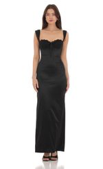 Picture Satin Lace Maxi Dress in Black. Source: https://media-img.lucyinthesky.com/data/Apr24/150xAUTO/23989291-f70a-4fdd-b3d8-fd191bca0704.jpg