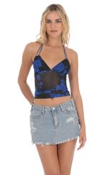 Picture Mesh Floral Halter Top in Black and Blue. Source: https://media-img.lucyinthesky.com/data/Apr24/150xAUTO/2dc8f7a1-908f-4102-bd36-c1e583ddc0f3.jpg
