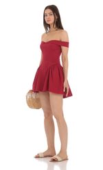 Picture Off Shoulder Fit and Flare Dress in Red. Source: https://media-img.lucyinthesky.com/data/Apr24/150xAUTO/52b0f87c-61ab-4ff7-8a91-6a93665985d7.jpg