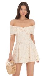 Picture Front Bow Off Shoulder Dress in White. Source: https://media-img.lucyinthesky.com/data/Apr24/150xAUTO/53848a31-2fa0-438d-b7f9-c8d5b3c677b0.jpg