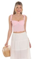 Picture Shoulder Ties Twist Top in Pink. Source: https://media-img.lucyinthesky.com/data/Apr24/150xAUTO/539d41f1-6263-42a9-8338-967377aa7d25.jpg