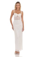 Picture Sequin Pear Twist Ruched Maxi Dress in White. Source: https://media-img.lucyinthesky.com/data/Apr24/150xAUTO/5adc9680-b8bb-4151-8731-3dbab389278d.jpg
