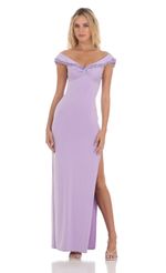 Picture Off Shoulder Twist Maxi Dress in Lavender. Source: https://media-img.lucyinthesky.com/data/Apr24/150xAUTO/6590af87-ff3c-4d78-a2b7-4147a2ad9fd9.jpg