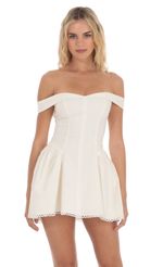 Picture Off Shoulder Fit and Flare Dress in White. Source: https://media-img.lucyinthesky.com/data/Apr24/150xAUTO/7957062c-d6be-4360-9816-8254ce29be1d.jpg