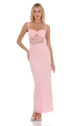 Picture Lace Twist Ruched Maxi Dress in Pink. Source: https://media-img.lucyinthesky.com/data/Apr24/150xAUTO/98a58858-f890-40e6-bc1b-6b6f9b936349.jpg