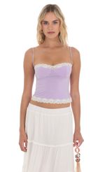 Picture Lace Trim Top in Lavender. Source: https://media-img.lucyinthesky.com/data/Apr24/150xAUTO/9bae85b8-8030-4b33-b615-3d4c5d6241b8.jpg
