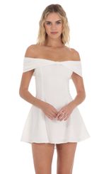 Picture Front Bow Off Shoulder Dress in White. Source: https://media-img.lucyinthesky.com/data/Apr24/150xAUTO/ae1d5947-012c-4b93-9ab6-194e3a3459d7.jpg