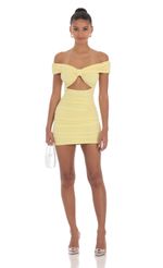Picture Off Shoulder Cutout Bodycon Dress in Yellow. Source: https://media-img.lucyinthesky.com/data/Apr24/150xAUTO/d7b2fd46-bc0c-4125-8704-29ae78c4c8ea.jpg