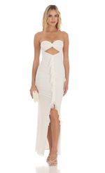 Picture Mesh Cutout Ruffle Maxi Dress in White. Source: https://media-img.lucyinthesky.com/data/Apr24/150xAUTO/dbba78cf-3d06-4dcc-a452-bb942afcd0d3.jpg