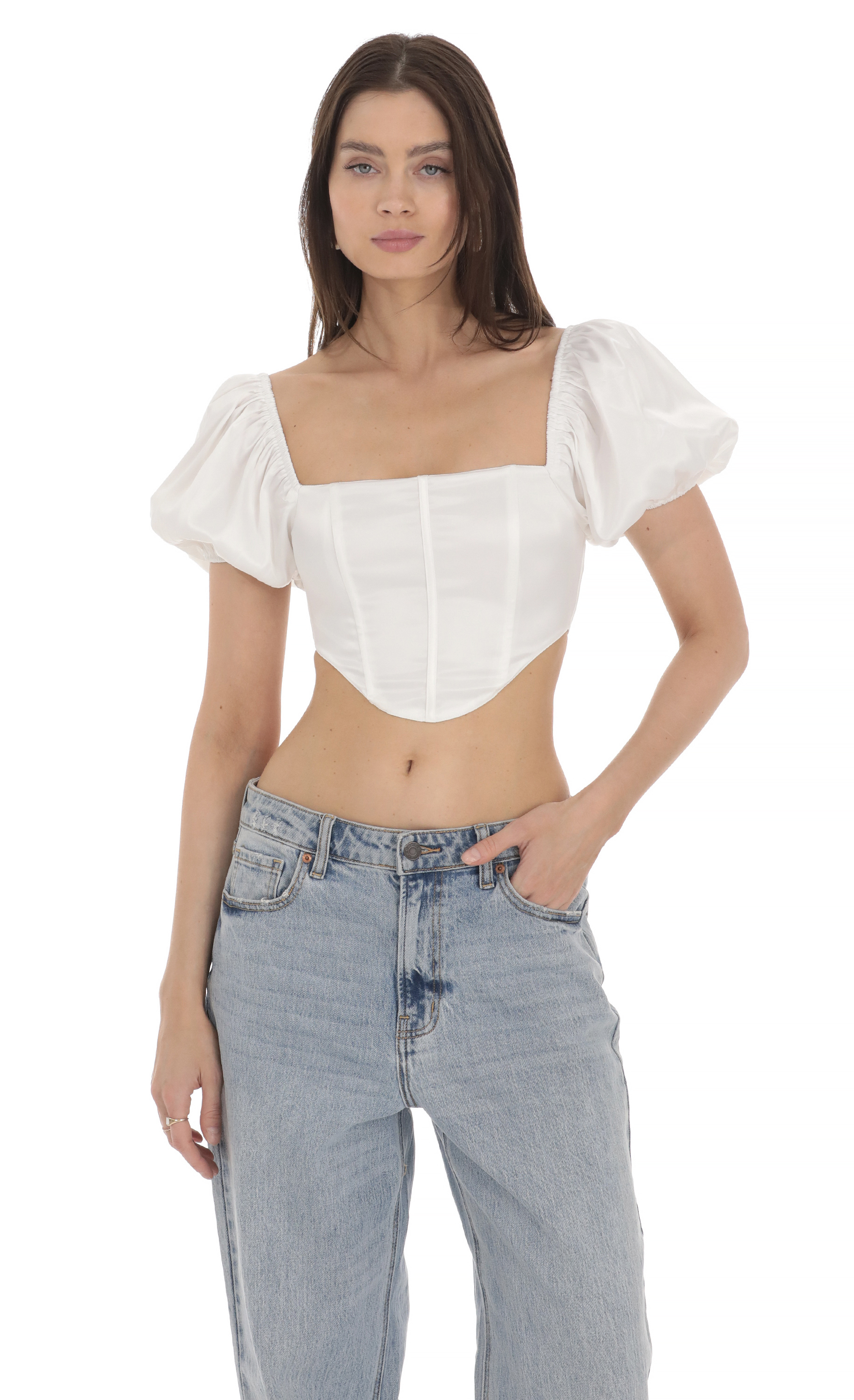 Satin Puff Sleeve Corset Top in White