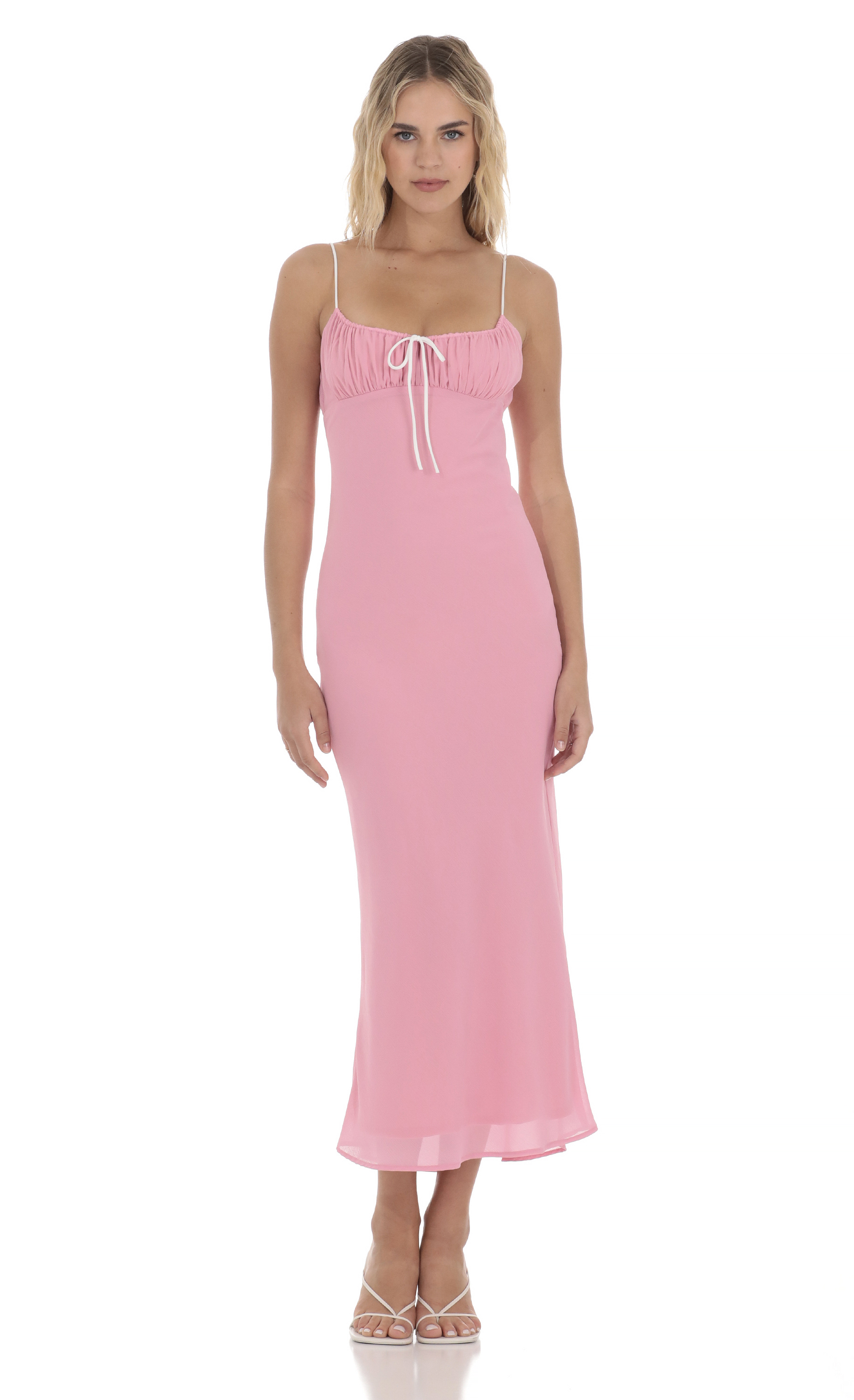 Ruched Bust Midi Dress in Pink