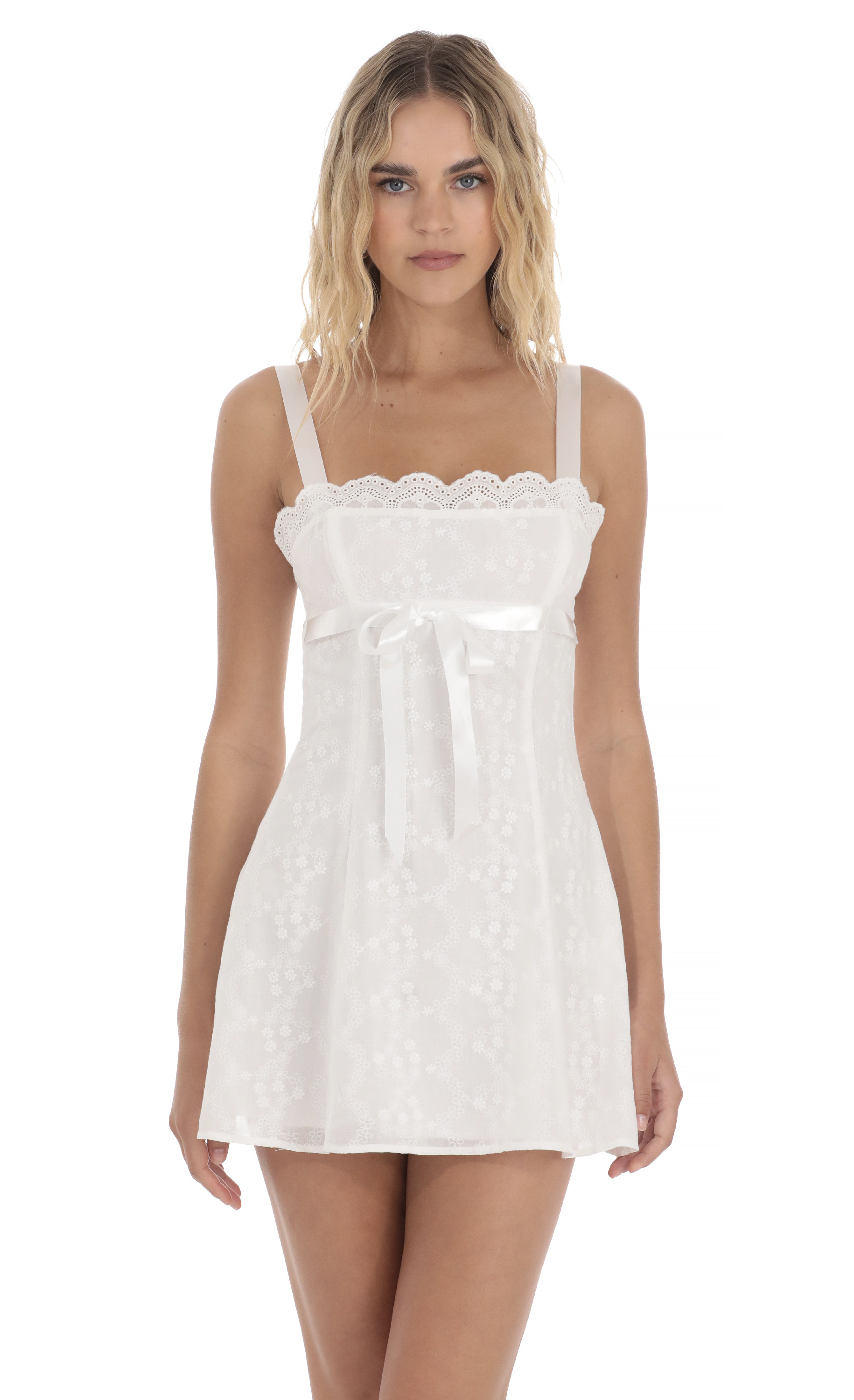 Ribbon Embroidered Floral Dress in White