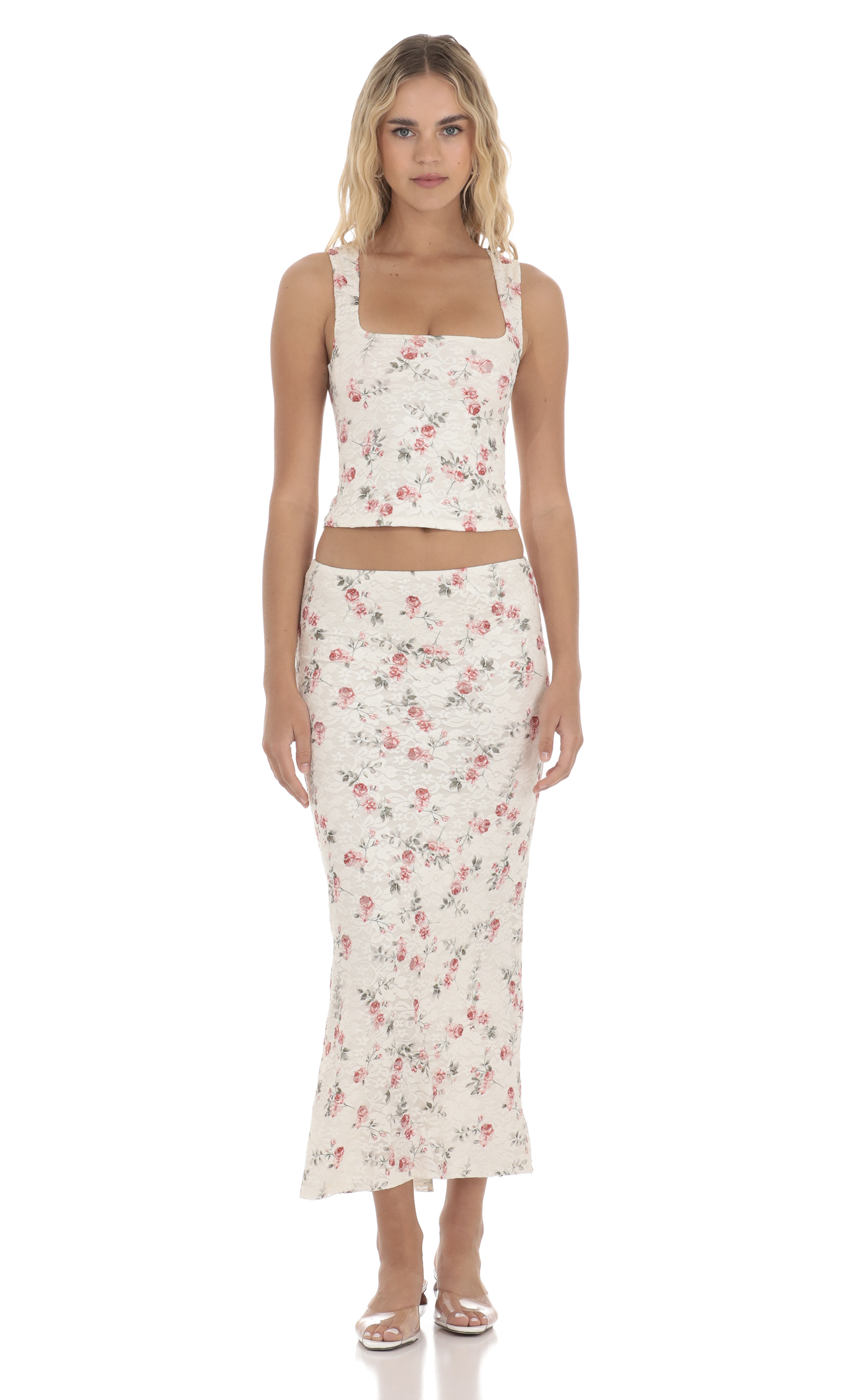 Lace Floral Two Piece Maxi Skirt Set in Cream