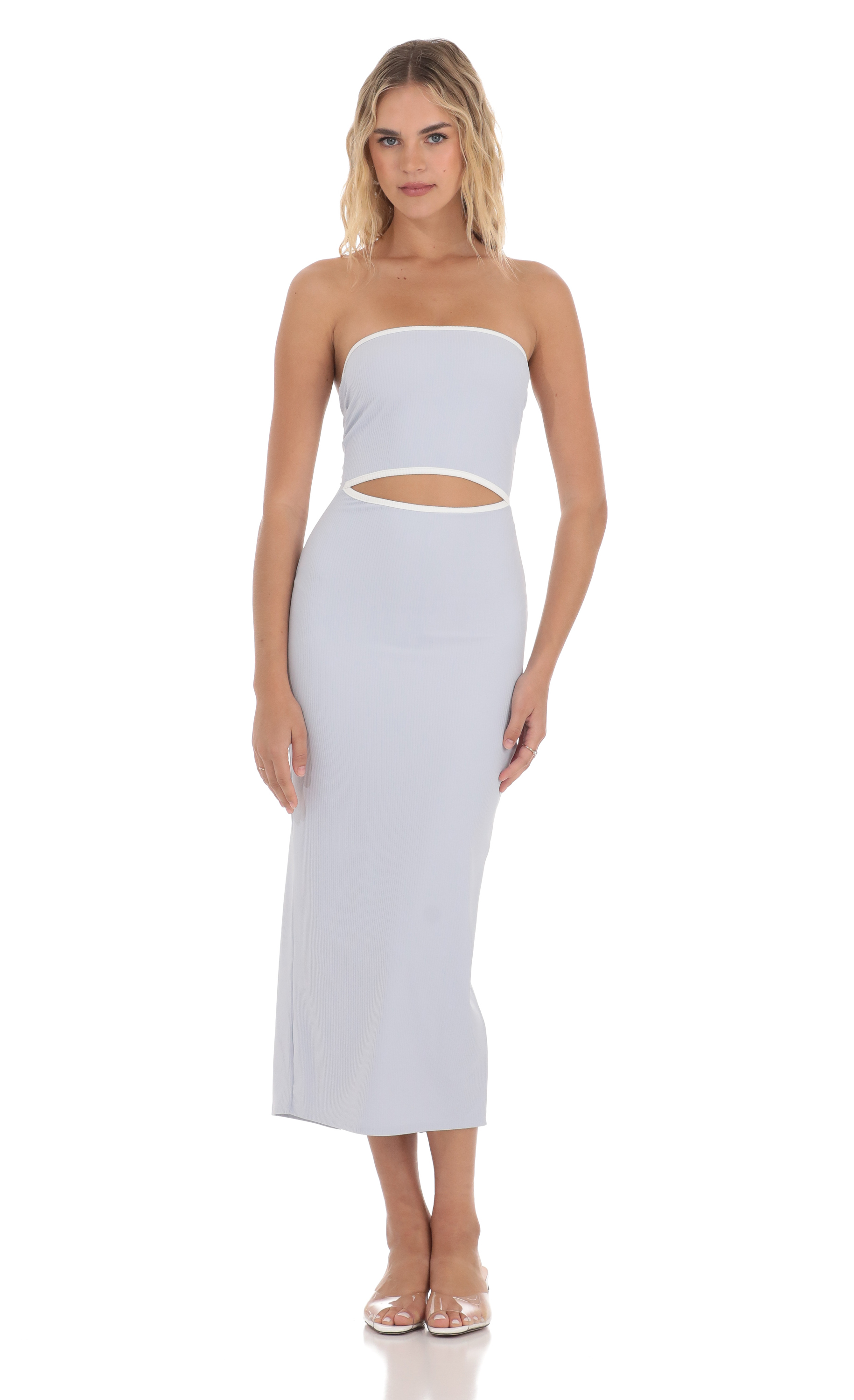 Ribbed Cutout Strapless Midi Dress in Light Blue