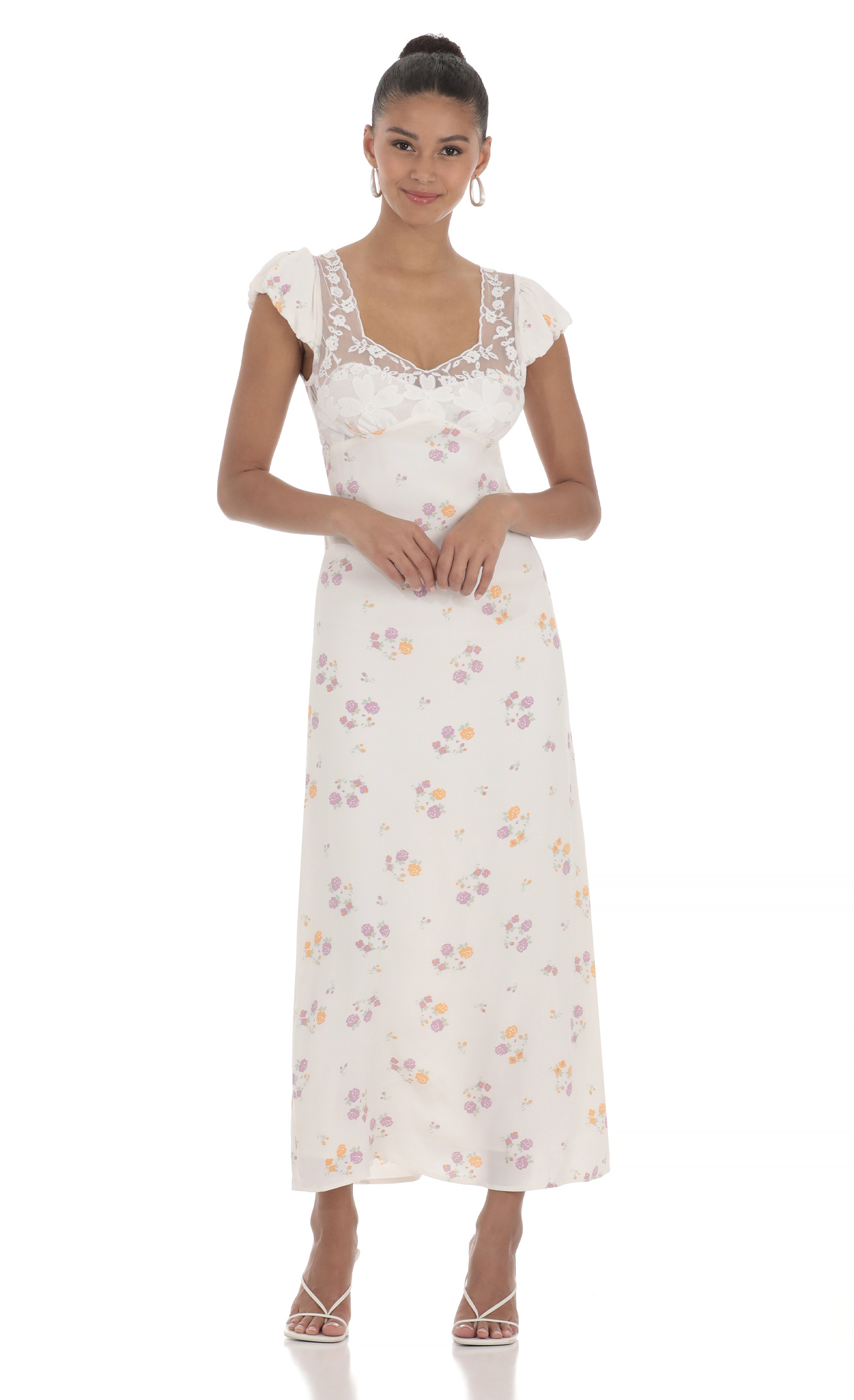 Puff Sleeve Floral Maxi Dress in White