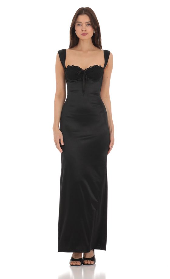 Satin Lace Maxi Dress in Black
