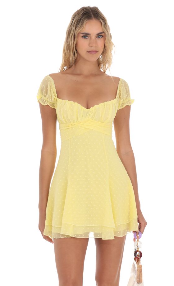 Dotted Puff Sleeve Dress in Yellow