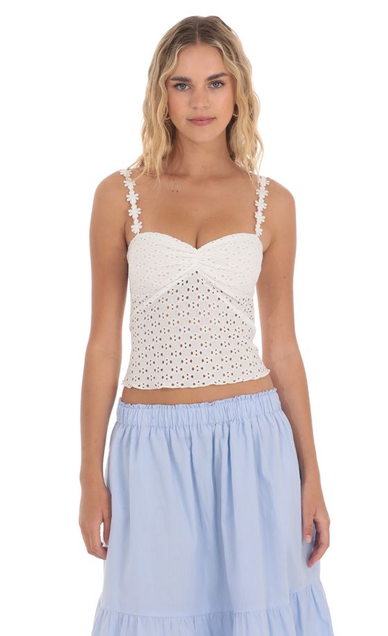 Floral Strap Eyelet Top in White