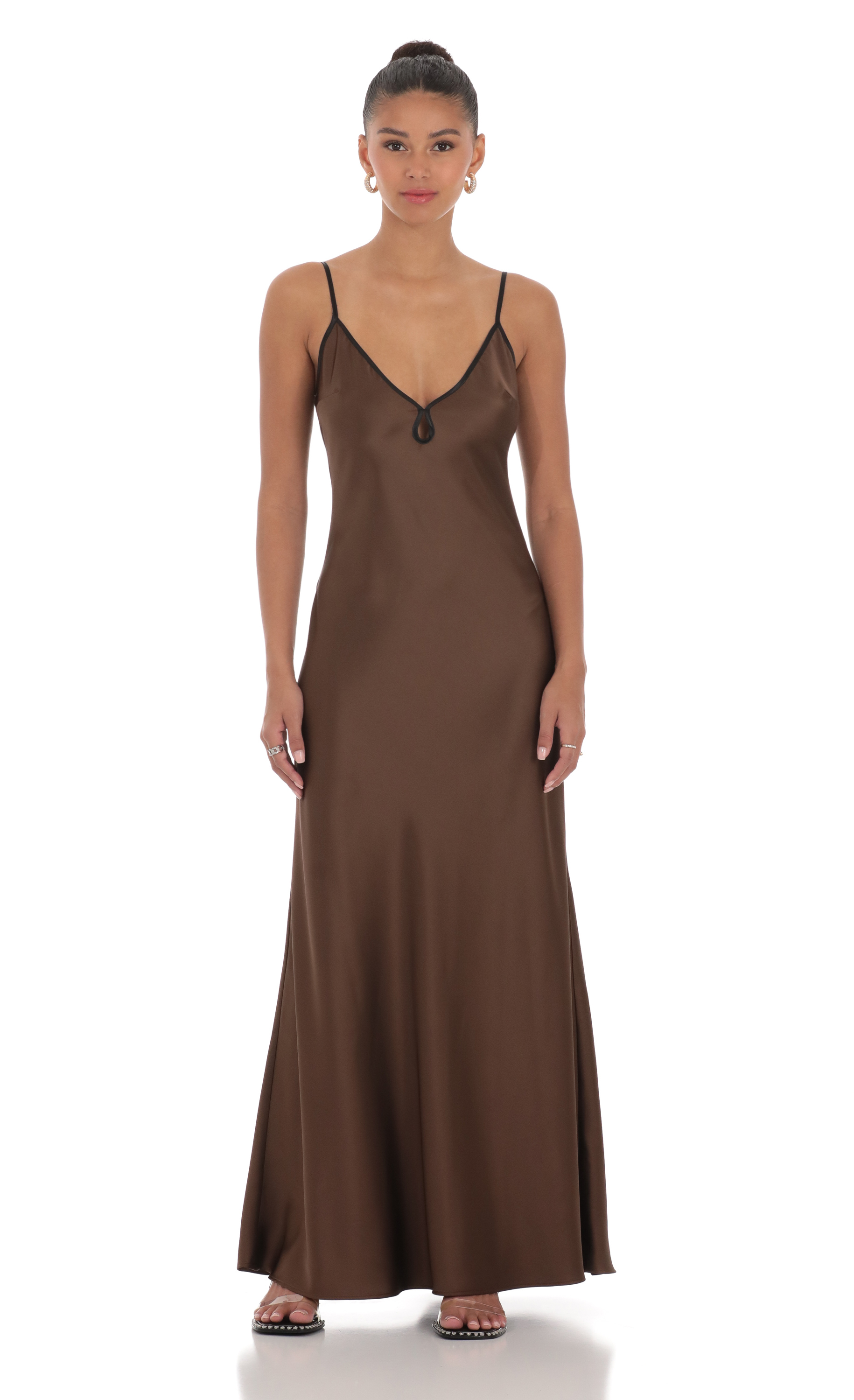 satin maxi dress brown Marise Brown Draped Satin Maxi Dress, S / Brown