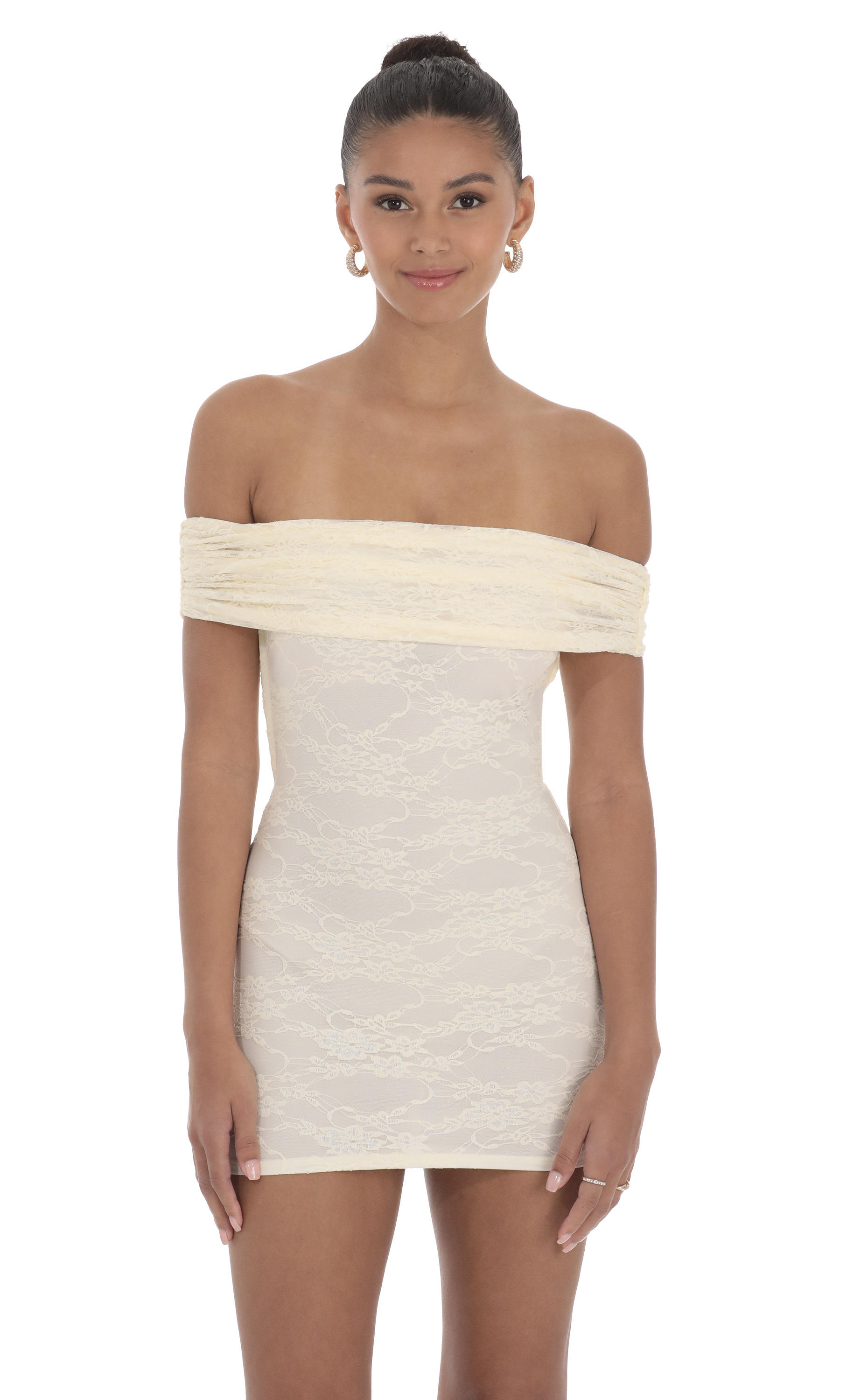 open lace back dress Yelsie Off Shoulder Long Sleeve Mini Dress Cream