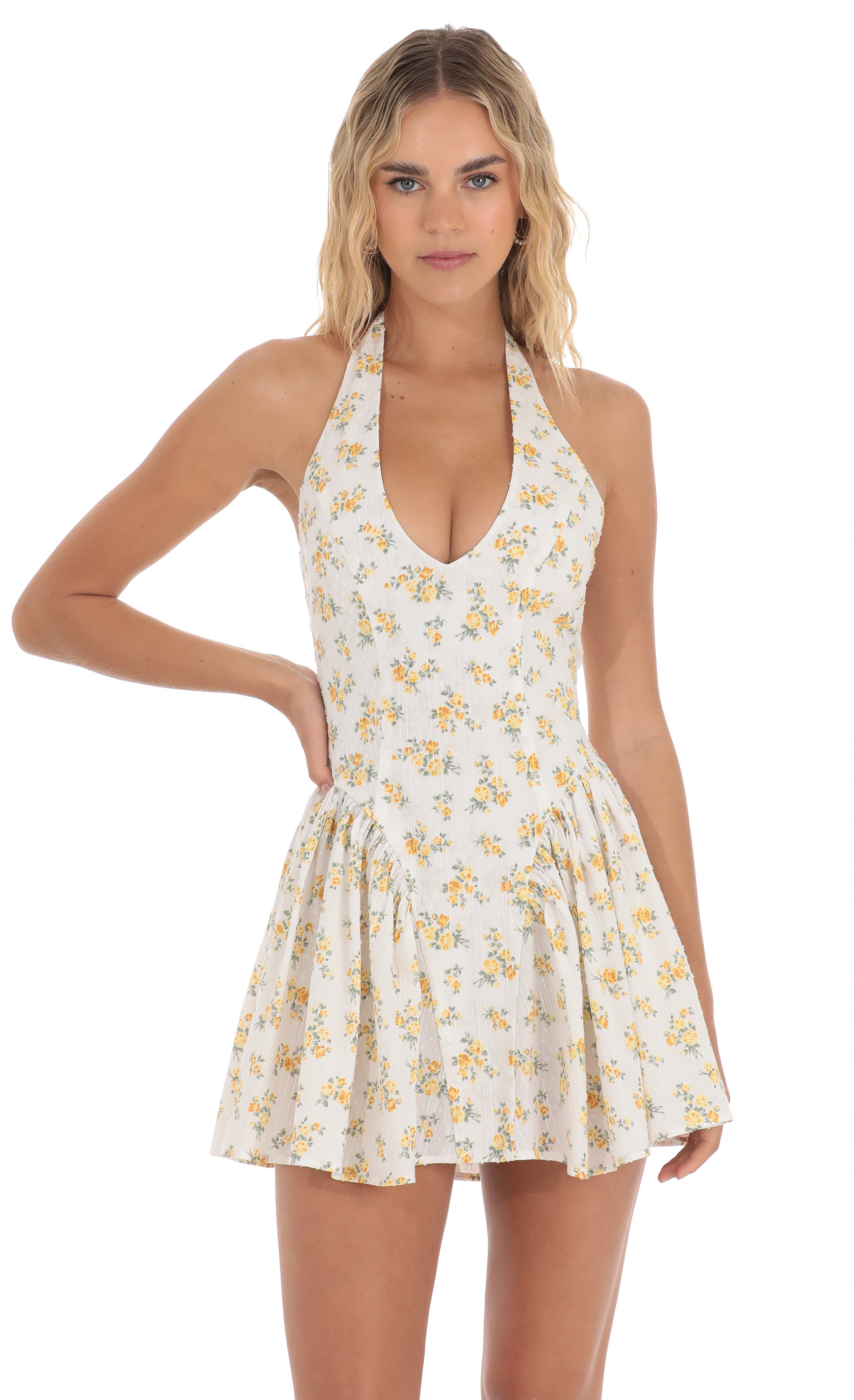 Floral Dotted Halter Dress in White