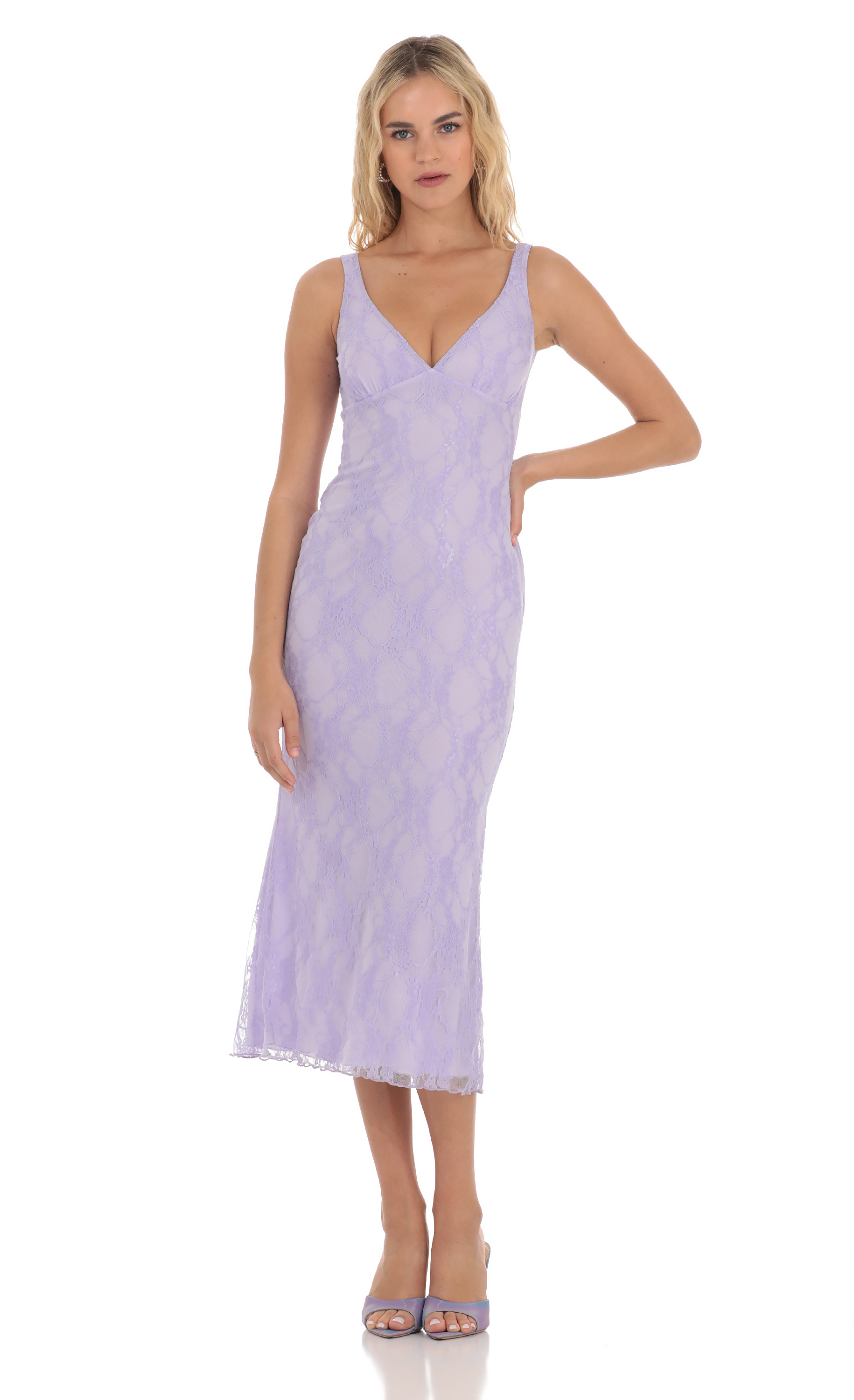 Open Back Lace Midi Dress in Lavender