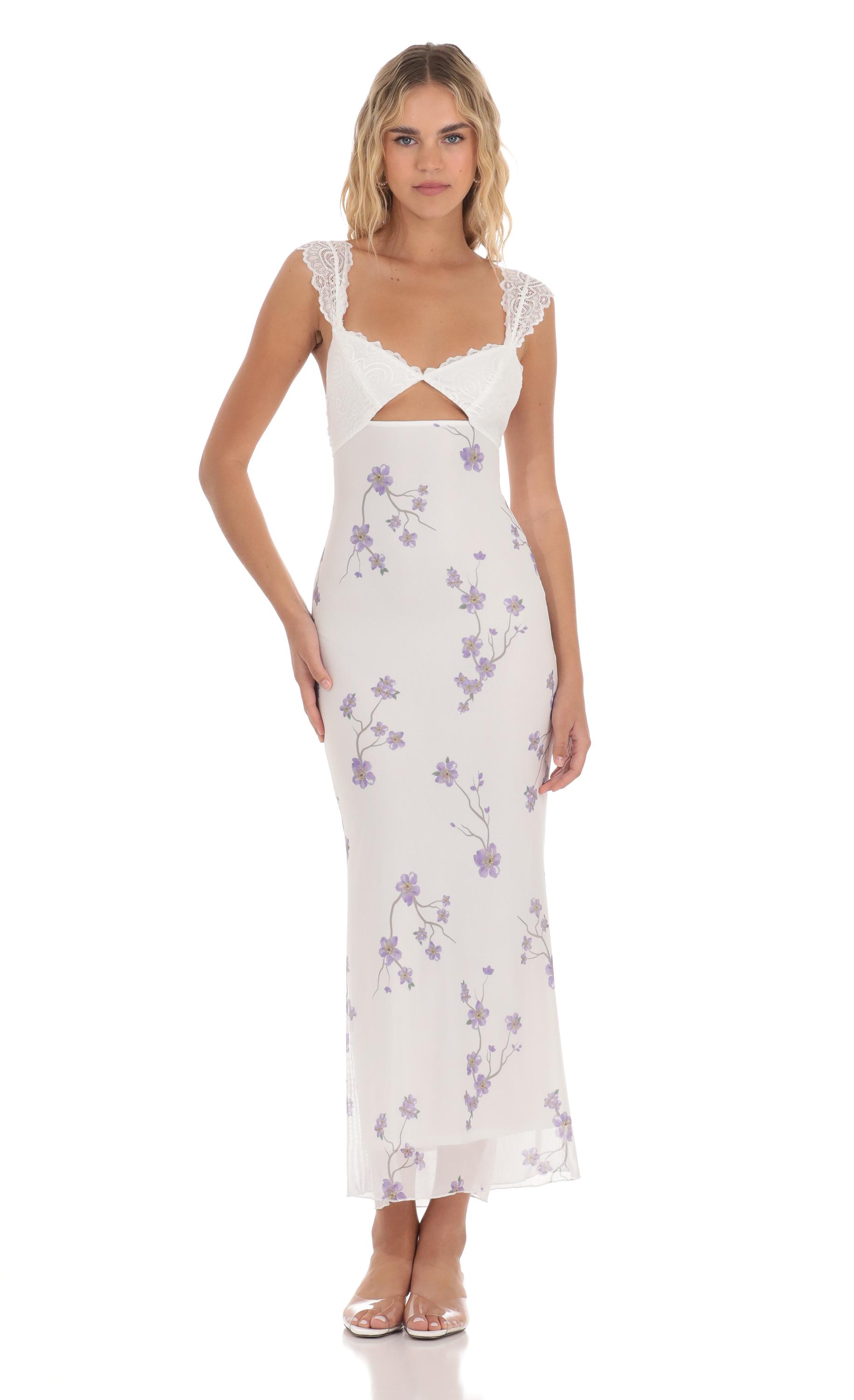 Lace Cutout Floral Maxi Dress in White