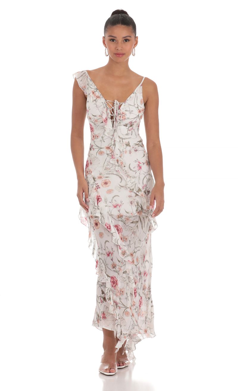Floral Chiffon Ruffle Maxi Dress in White | LUCY IN THE SKY