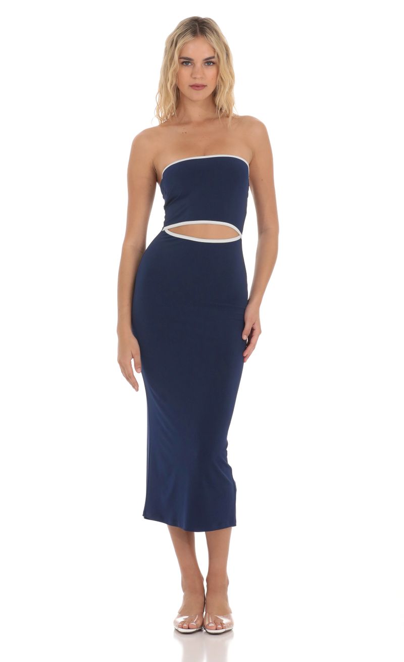 Cutout Strapless Midi Dress in Navy | LUCY IN THE SKY