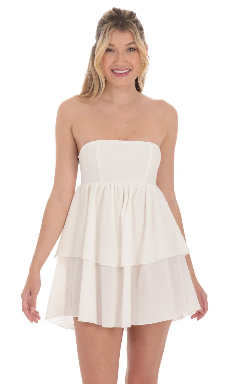 Dotted Ruffle Strapless Babydoll Dress in White | LUCY IN THE SKY Dotted Ruffle Strapless Babydoll Dress in White | LUCY IN THE SKY