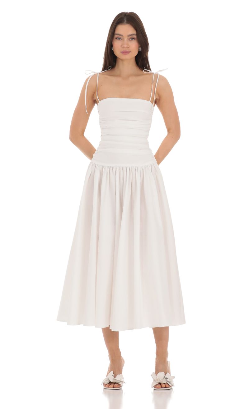 Ruched Square Neck Midi Dress in White | LUCY IN THE SKY