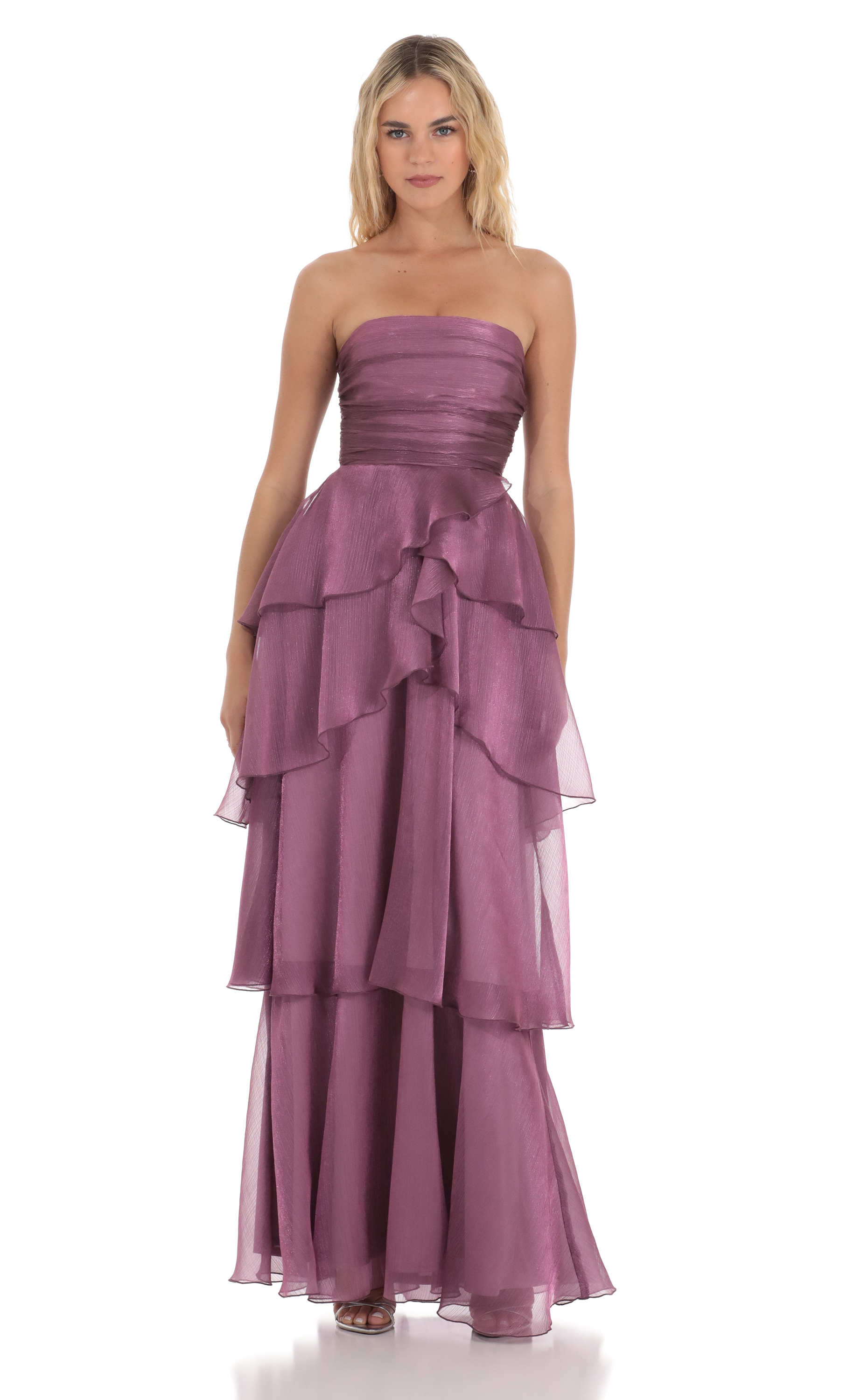 Corset Ruffle Strapless Maxi Dress in Purple