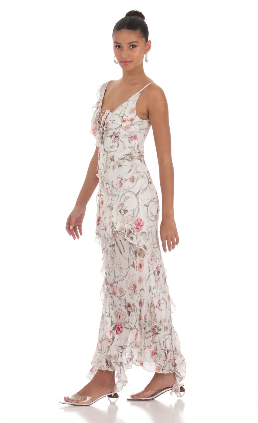 Picture Floral Chiffon Ruffle Maxi Dress in White. Source: https://media-img.lucyinthesky.com/data/Apr24/850xAUTO/0077859f-352f-4b6c-a0fd-43cbcdcb5d79.jpg