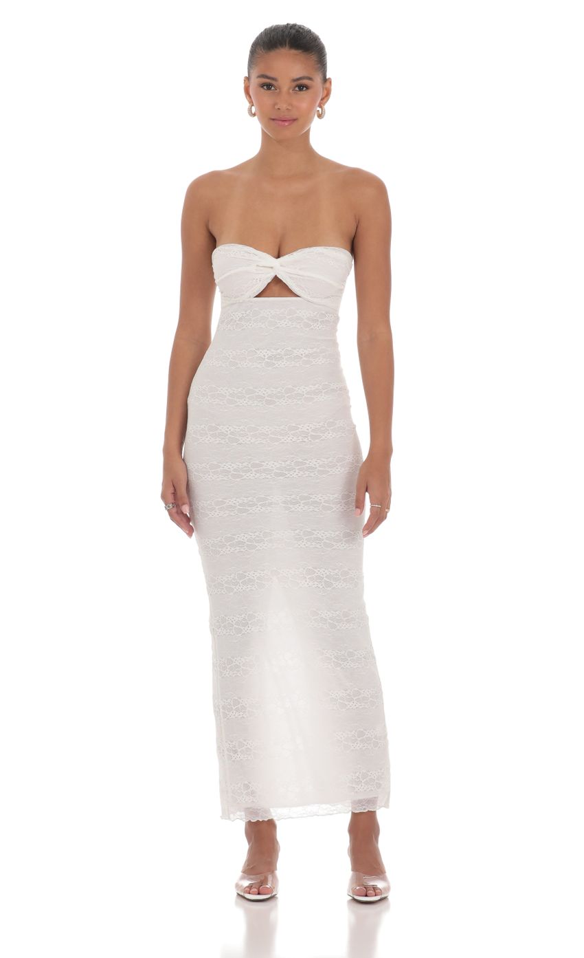 Picture Strapless Lace Twist Maxi Dress in White. Source: https://media-img.lucyinthesky.com/data/Apr24/850xAUTO/0233c638-7230-45f0-9ffd-be44c5e3f5c8.jpg