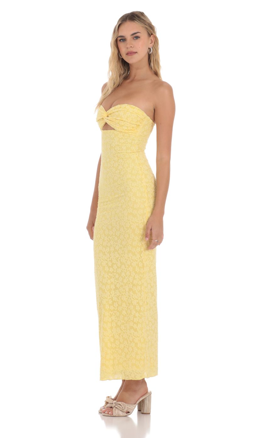 Picture Strapless Textured Floral Twist Maxi Dress in Yellow. Source: https://media-img.lucyinthesky.com/data/Apr24/850xAUTO/09953101-f57e-425e-97e0-cfcdf3ad1ab1.jpg