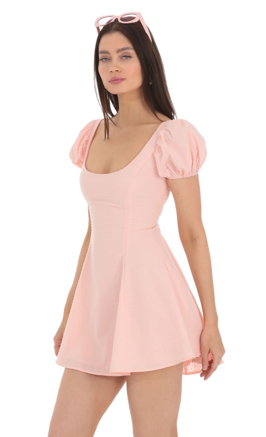 Picture Dotted Puff Sleeve Dress in Pink. Source: https://media-img.lucyinthesky.com/data/Apr24/850xAUTO/0a4b194b-c83b-4fbc-8208-b404677f9010.jpg