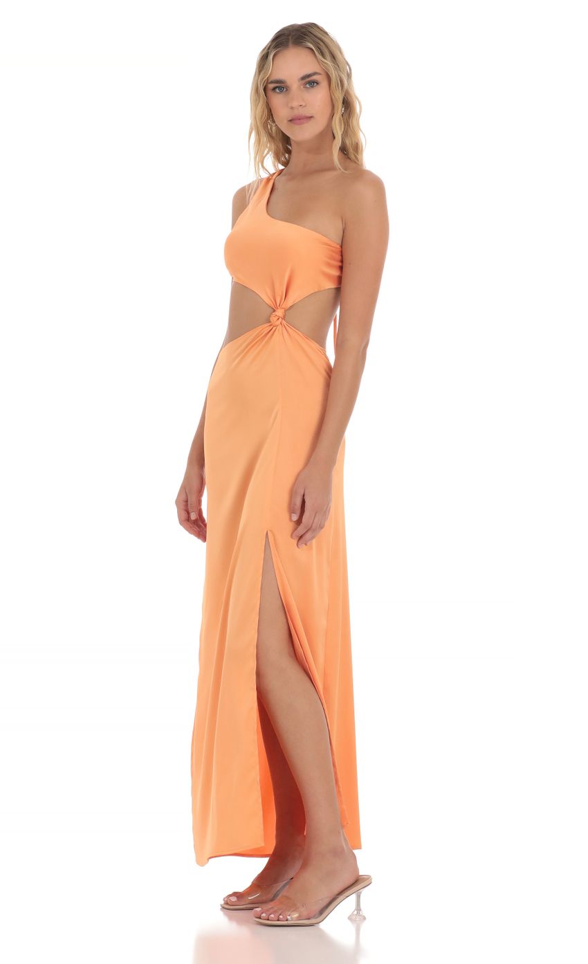 Picture Satin One Shoulder Cutout Dress in Orange. Source: https://media-img.lucyinthesky.com/data/Apr24/850xAUTO/17bf553e-5b41-4718-9aaa-76f1662c54db.jpg