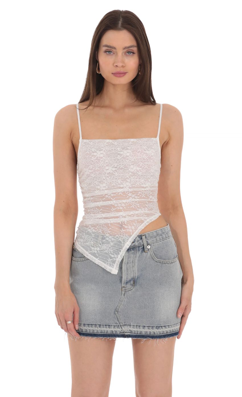 Picture Sheer Lace Asymmetrical Top in White. Source: https://media-img.lucyinthesky.com/data/Apr24/850xAUTO/1d099811-8c8c-4921-8295-a14a3ccc7b54.jpg