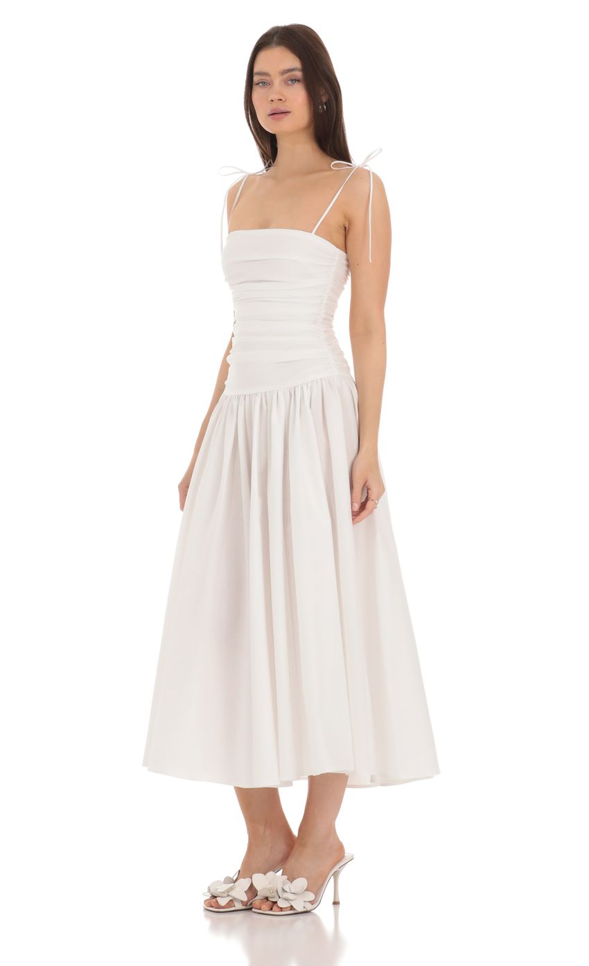 Picture Ruched Square Neck Midi Dress in White. Source: https://media-img.lucyinthesky.com/data/Apr24/850xAUTO/1d14e3b1-95e7-478d-8777-17ebfbb77a54.jpg