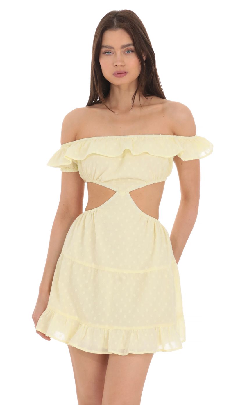 Picture Dotted Off Shoulder Cutout Dress in Yellow. Source: https://media-img.lucyinthesky.com/data/Apr24/850xAUTO/1e5f38b9-0bb6-40bb-8821-50161154db7f.jpg