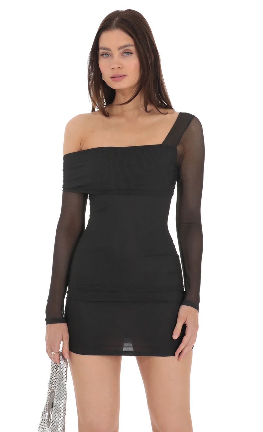 Picture Mesh One Off Shoulder Long Sleeve Dress in Black. Source: https://media-img.lucyinthesky.com/data/Apr24/850xAUTO/27ba9056-27c8-402d-8e48-d459b12de30c.jpg