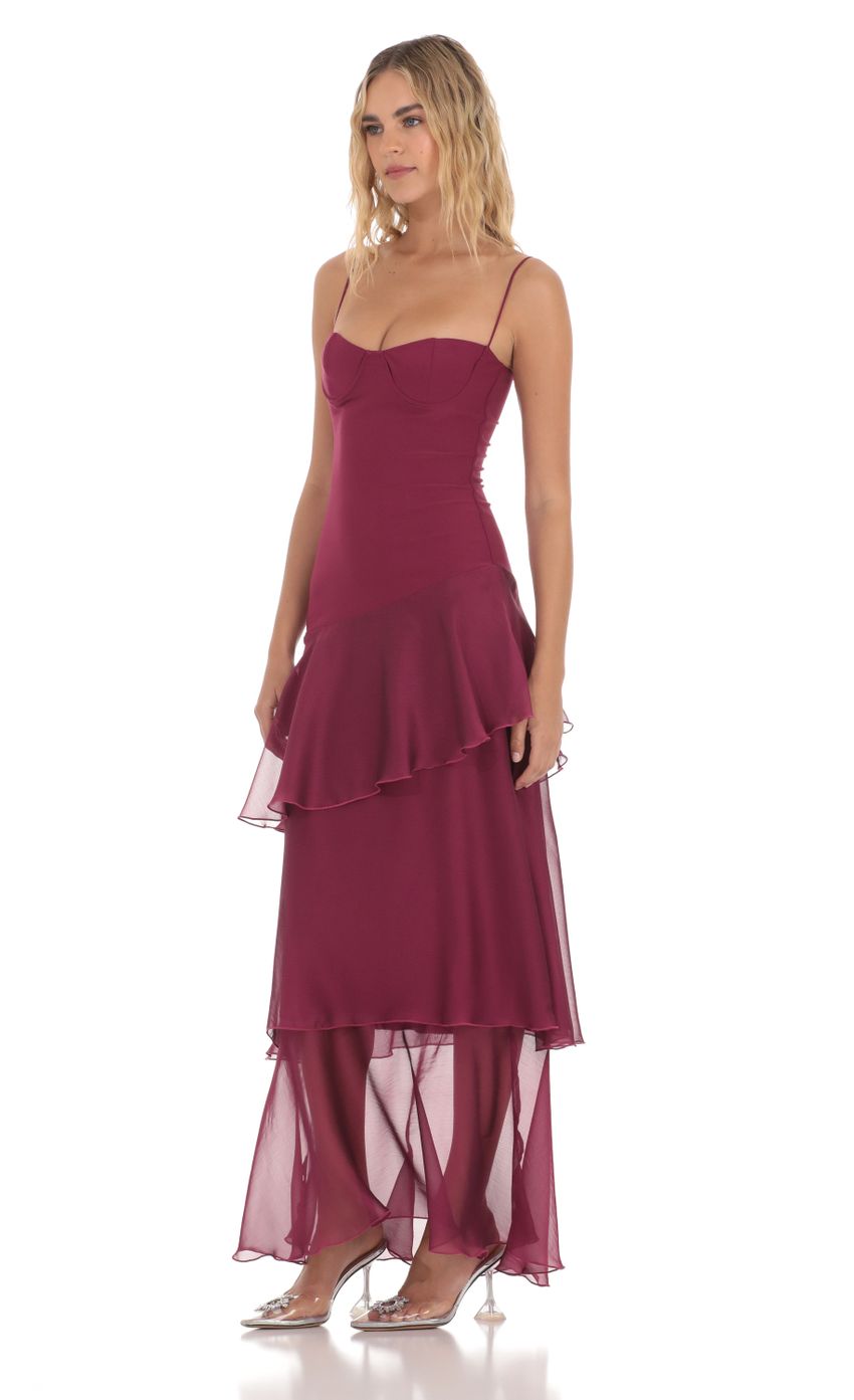 Picture Long Ruffle Maxi Dress in Plum. Source: https://media-img.lucyinthesky.com/data/Apr24/850xAUTO/410143ae-56a6-4ef1-9762-3fb2423d5185.jpg