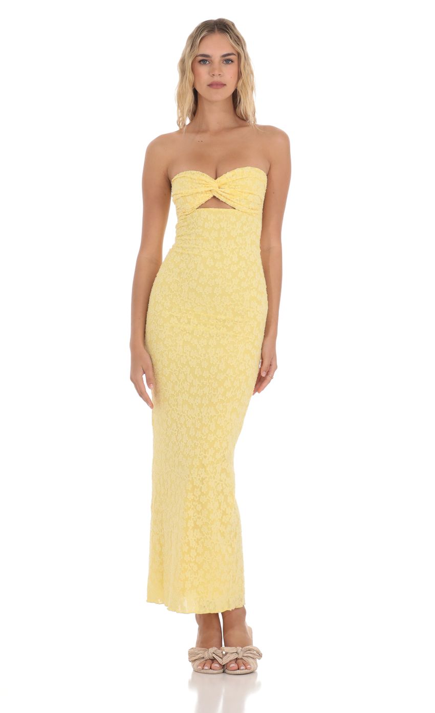 Picture Strapless Textured Floral Twist Maxi Dress in Yellow. Source: https://media-img.lucyinthesky.com/data/Apr24/850xAUTO/422dbcdd-9837-43b4-a773-476a2be9422b.jpg