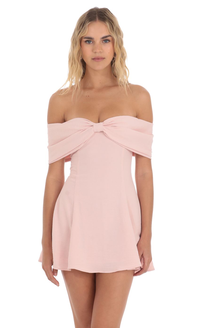 Picture Front Bow Off Shoulder Dress in Pink. Source: https://media-img.lucyinthesky.com/data/Apr24/850xAUTO/4746c0ce-f91b-472f-8a43-f14ed35d353b.jpg
