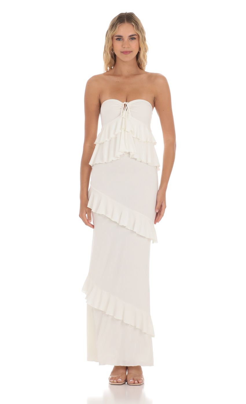 Picture Front Tie Ruffle Strapless Maxi Dress in White. Source: https://media-img.lucyinthesky.com/data/Apr24/850xAUTO/49bbaa7a-09b8-4674-a4d5-029e275a6f66.jpg