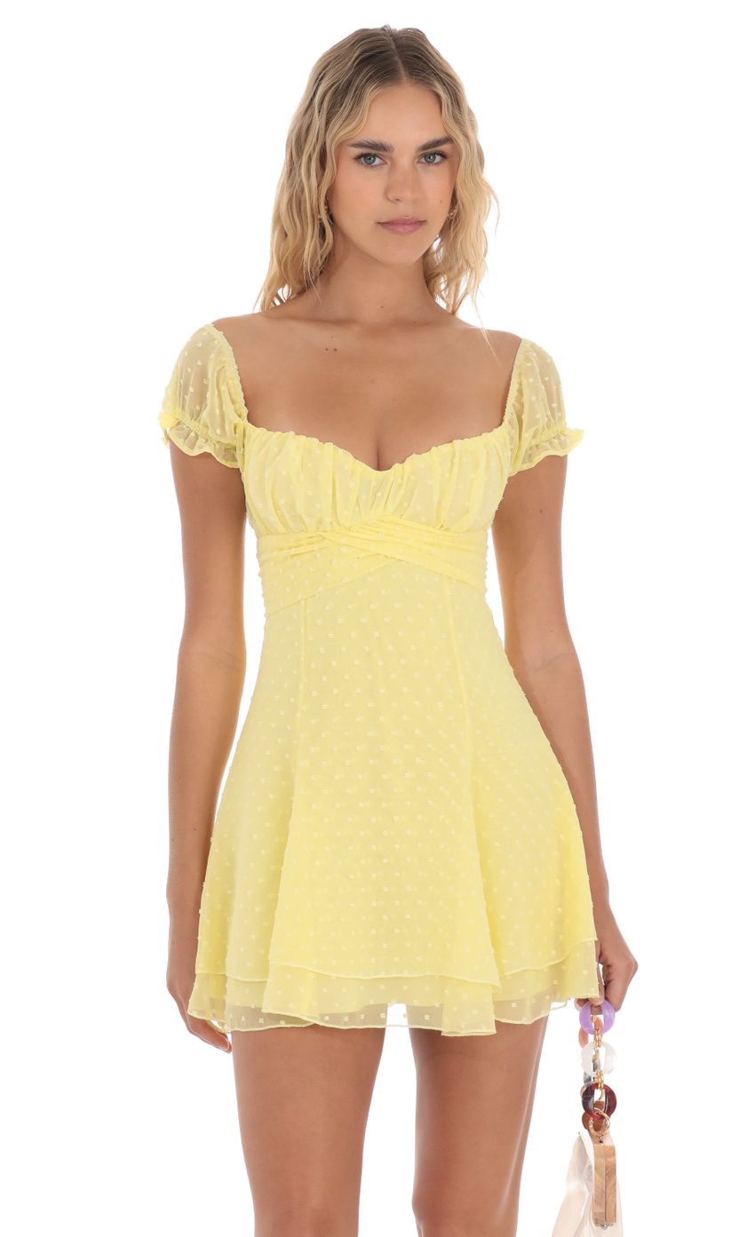 Picture Dotted Puff Sleeve Dress in Yellow. Source: https://media-img.lucyinthesky.com/data/Apr24/850xAUTO/4c4131be-e428-4092-a12e-68300a73eed1.jpg