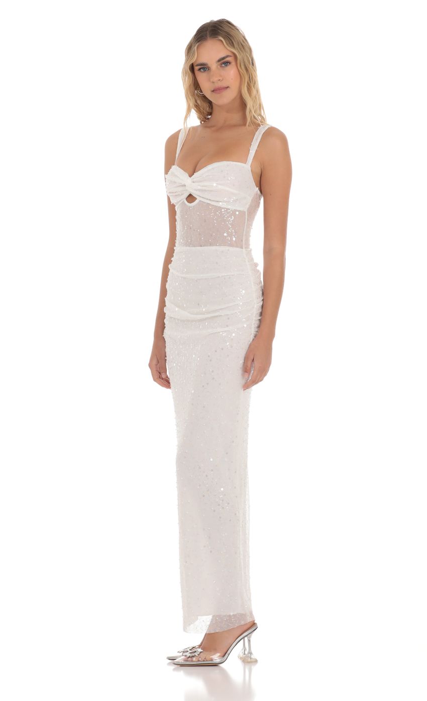 Picture Sequin Pear Twist Ruched Maxi Dress in White. Source: https://media-img.lucyinthesky.com/data/Apr24/850xAUTO/4e6e72ce-0d53-459a-84fe-0f8c74a06fac.jpg