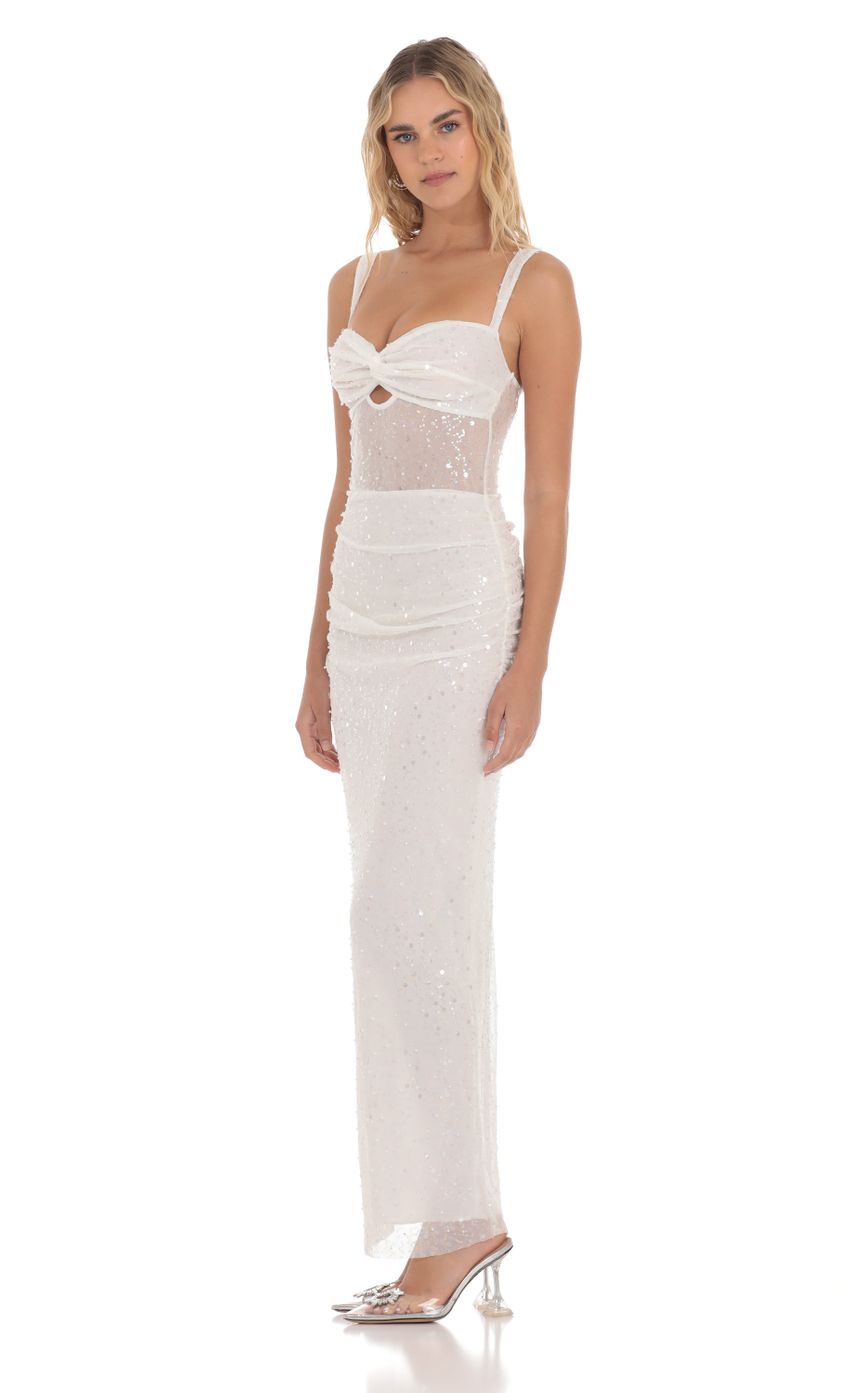 Picture Sequin Pearl Twist Ruched Maxi Dress in White. Source: https://media-img.lucyinthesky.com/data/Apr24/850xAUTO/4e6e72ce-0d53-459a-84fe-0f8c74a06fac.jpg