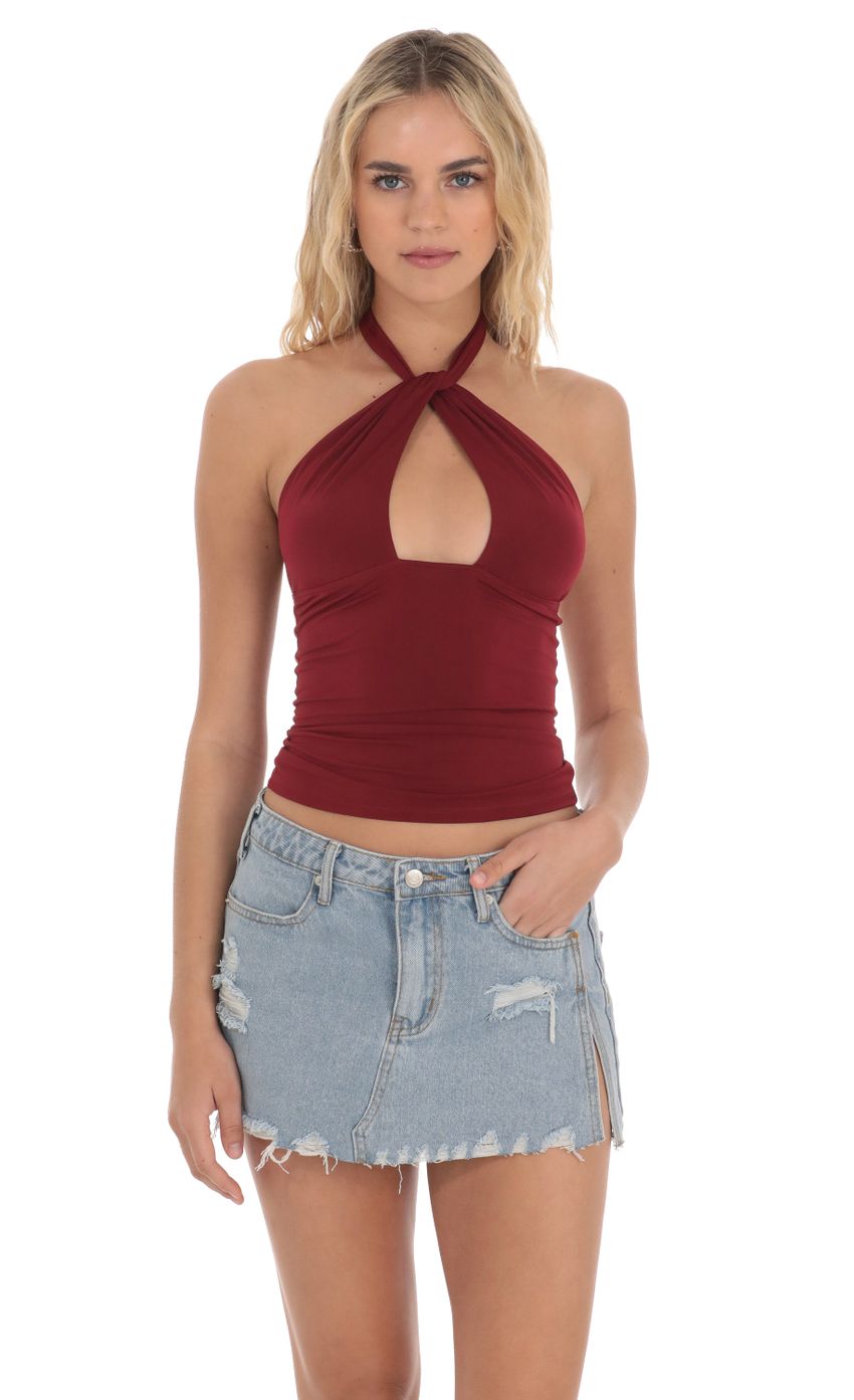 Picture Cross Neck Halter Top in Maroon. Source: https://media-img.lucyinthesky.com/data/Apr24/850xAUTO/50184c69-7f84-46a9-b8ce-91b283ad8eee.jpg